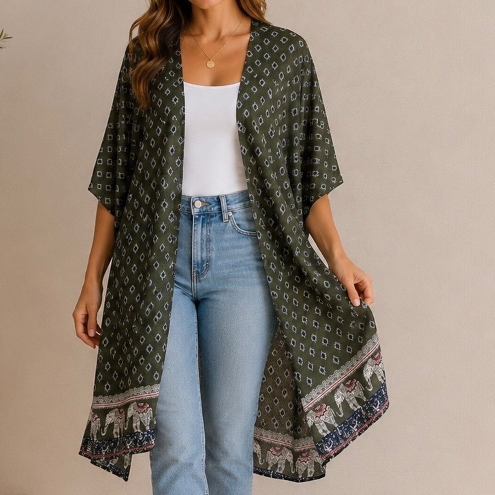 Live 4 Truth Olive Elephant Border Kimono Cardigan Duster Boho Open Front Medium